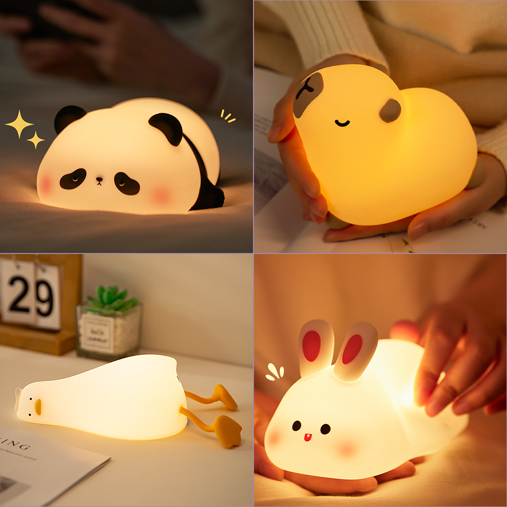Luz nocturna Panda Capybara Axolotl lámpara lindo Animal silicona luz nocturna conejo recarga USB lámpara decoración de habitación regalo para niños