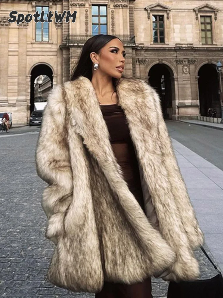 Abrigo de piel de zorro esponjoso con solapa sólida para mujer, chaqueta de gran tamaño con gradiente, abrigo peludo de manga larga, abrigo grueso y cálido para mujer, moda de invierno