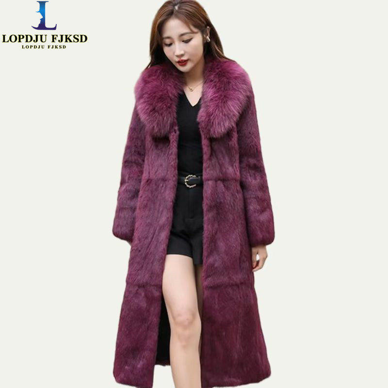 Abrigo de piel de conejo Rex auténtica para mujer, Chaqueta larga gruesa y cálida, nueva moda, cuello de piel de zorro, ropa de abrigo cálida elegante para mujer
