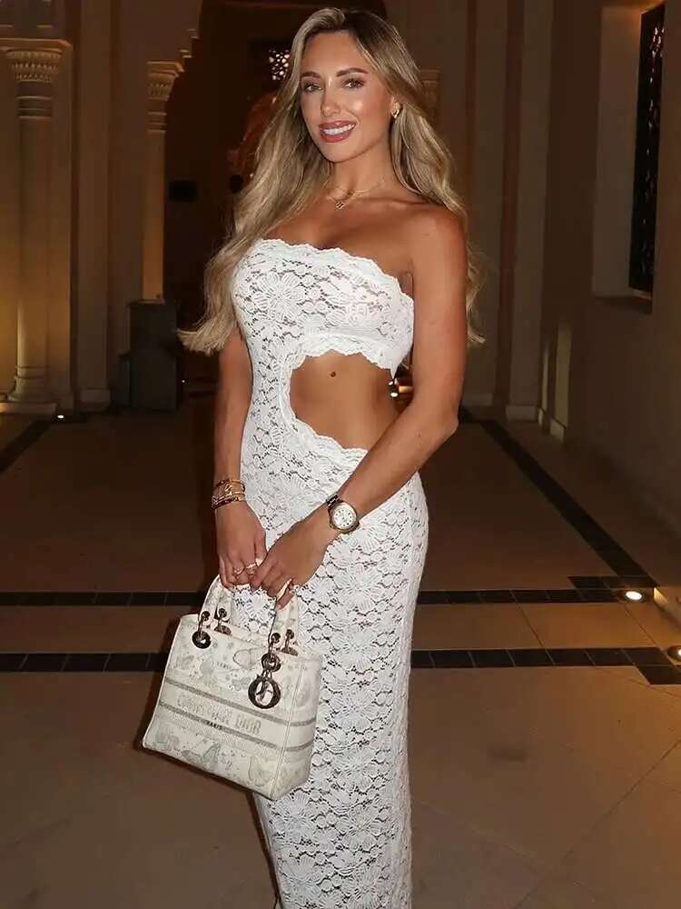 Blifanbo-maxivestido Sexy con espalda descubierta y hombros descubiertos para mujer, vestido largo de encaje sin mangas y sin tirantes, ajustado, para fiesta y discoteca, elegante