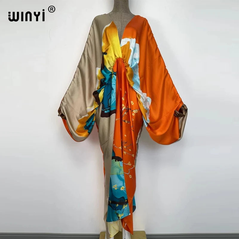 Sexy bech di alta qualità arrotolato a mano sensazione rayon di seta stampa moda 2021 WINYI Maxi abiti da donna lungo spiaggia con scollo a v abito bohémien