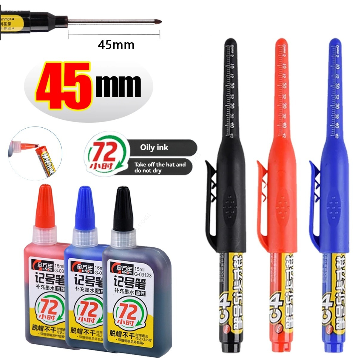 45mm Wodoodporny Marker z Długą Końcówką do Głębokich Otworów, Pisak Stolarski do Płytek, Uniwersalny do Obróbki Drewna, Czarny/Niebieski/Czerwony Tusz
