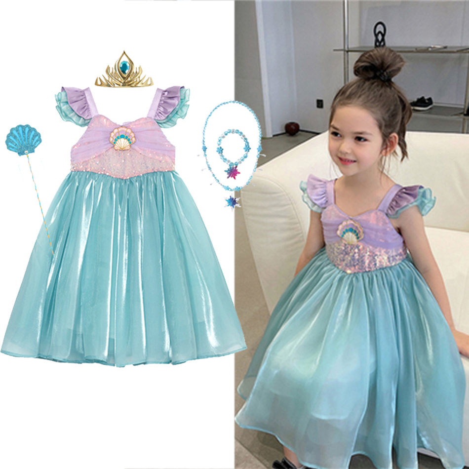 Pequena sereia ariel princesa traje crianças vestido para meninas cosplay crianças carnaval festa de aniversário roupas sereia vestido de verão