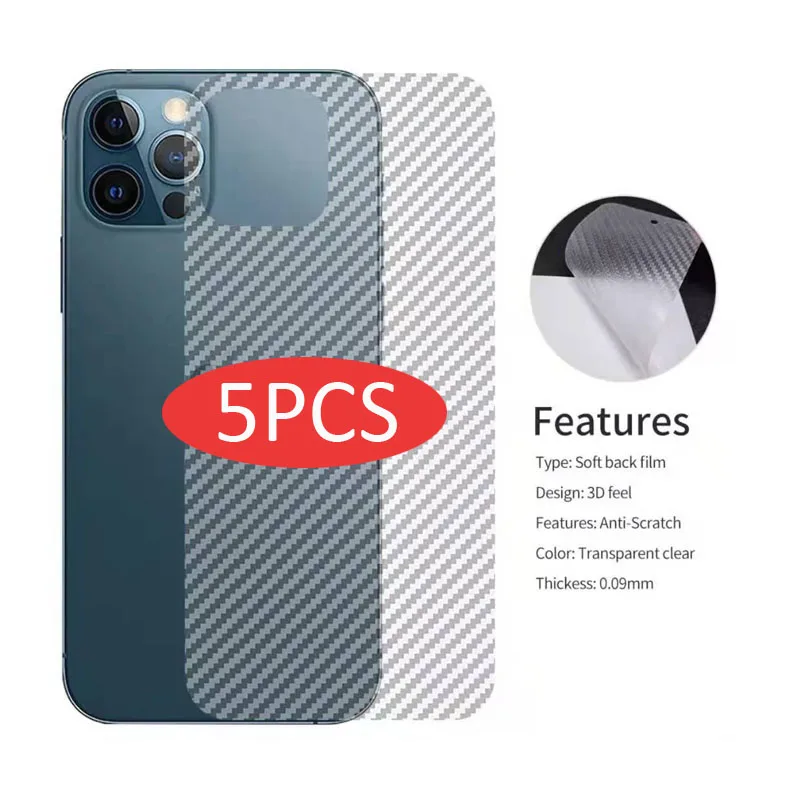 5 SZTUK Folia Ochronna na Tył Telefonu iPhone 12 Mini XS MAX Folia Ochronna na iPhone 15 14 13 12 11 17Pro Max 16Plus Przezroczyste Włókno Węglowe