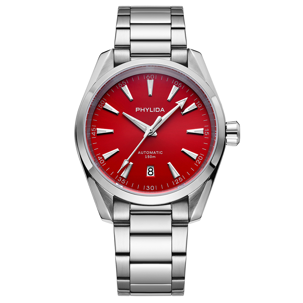 PHYLIDA nuevo reloj automático Aqua 150m con esfera roja cristal de zafiro NH35A reloj de pulsera 100WR relojes de buceo para hombres