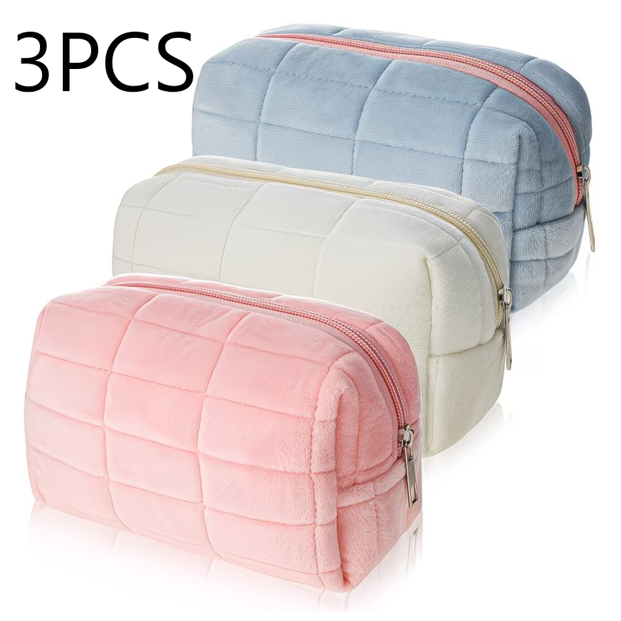 Set Tas Rias Mewah 3 Buah, Tas Rias Kotak-kotak, Tas Perlengkapan Mandi Travel Beritsleting Kapasitas Besar, Tas Penyimpanan Multifungsi Portabel, Kantong Penyimpanan Kuas Rias Lucu, Cocok untuk Wanita, Merah Muda, Biru, Putih