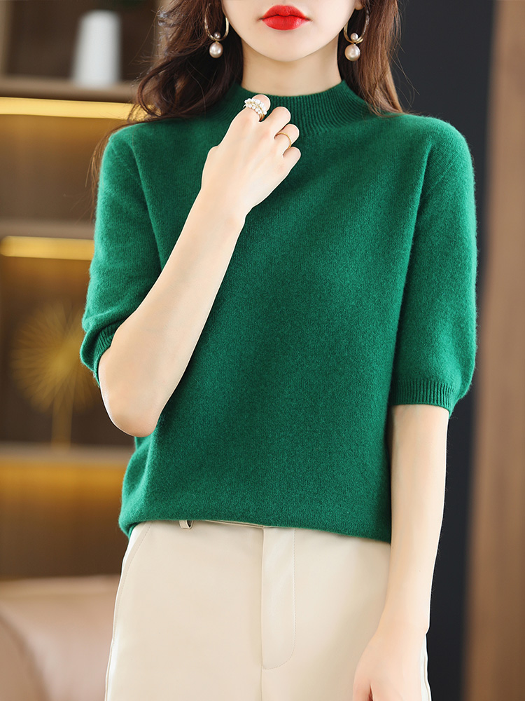 Frühling Sommer Herbst Mock Neck Frauen Pullover 100% Merino Wolle Pullover Grundlegende Kurzarm Kaschmir Strickwaren Weibliche Kleidung Tops