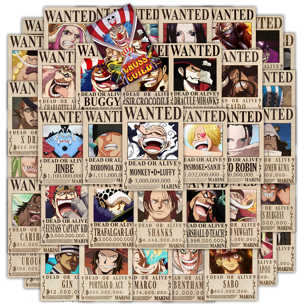 10/30/50pcs Cool Anime One Piece Wanted Posters Stickers DIY Laptop Phone Car Motorcycle Waterproof Sticker Kids Classic Toys