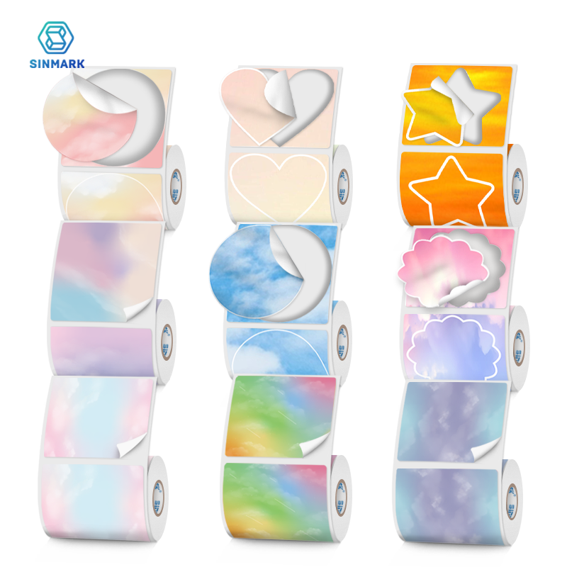 2 Rollen farbiges Thermo-Etikettenpapier, 50 mm breit, Wolken, runde, wasserfeste Etiketten, niedliche, handgefertigte DIY-Aufkleber, Verwendung für Thermodrucker