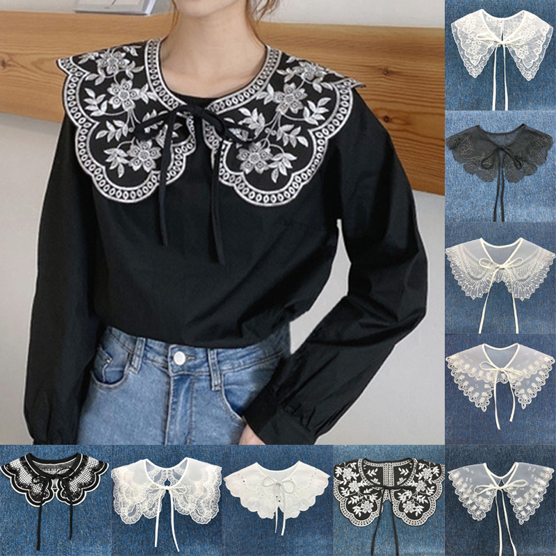 Muñeca Vintage estilo palaciego para mujer, cuello falso, encaje Floral hueco, ribete con volantes, media camisa, collar, chal, blusa con solapa envolvente