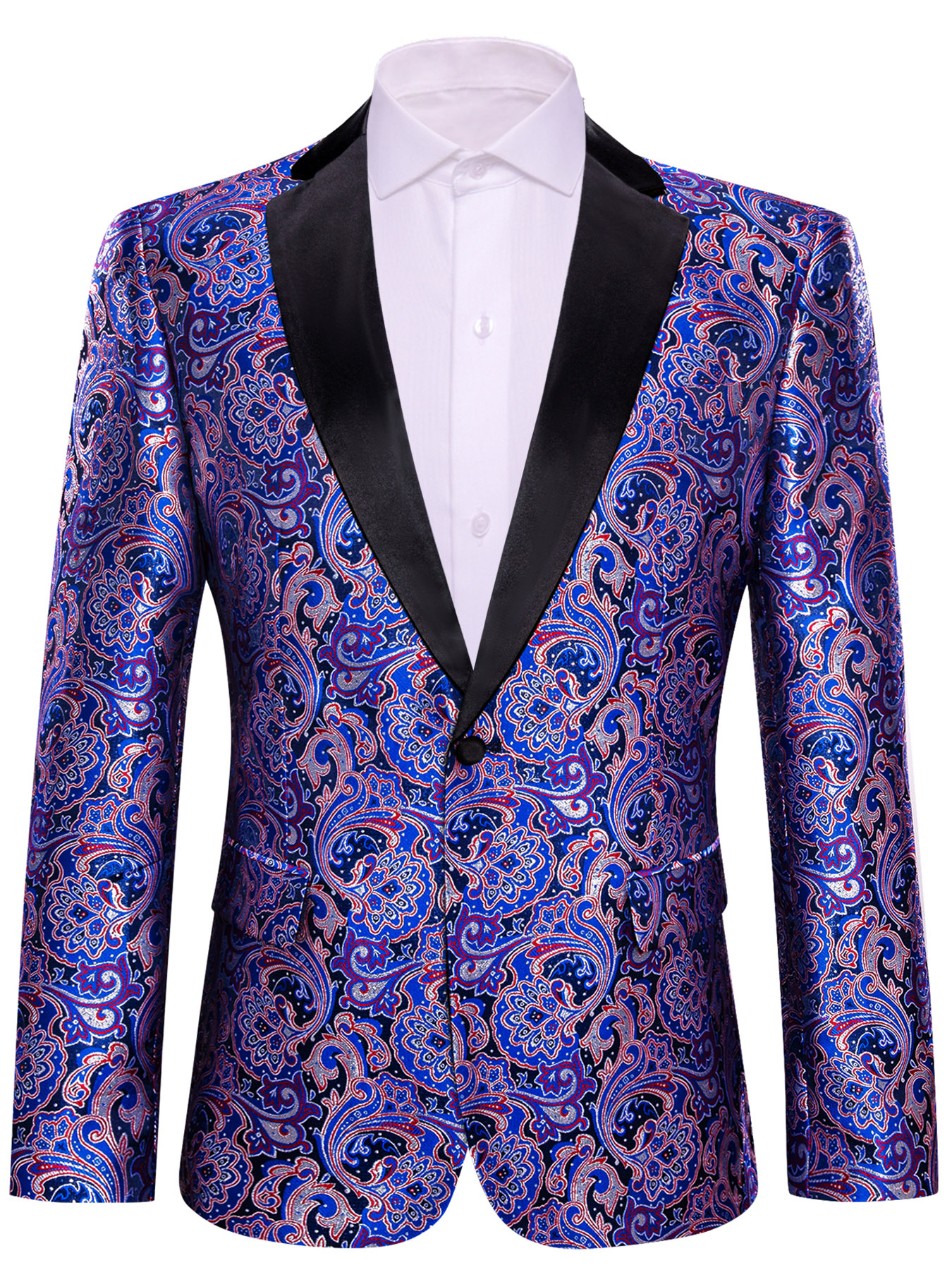 Heren Blauw Rood Paisley Jacquard Sjaal Revers Smoking Blazer Enkele Knop Formeel Pak Jas voor Mannelijke Party Bruiloft Prom Nachtclub