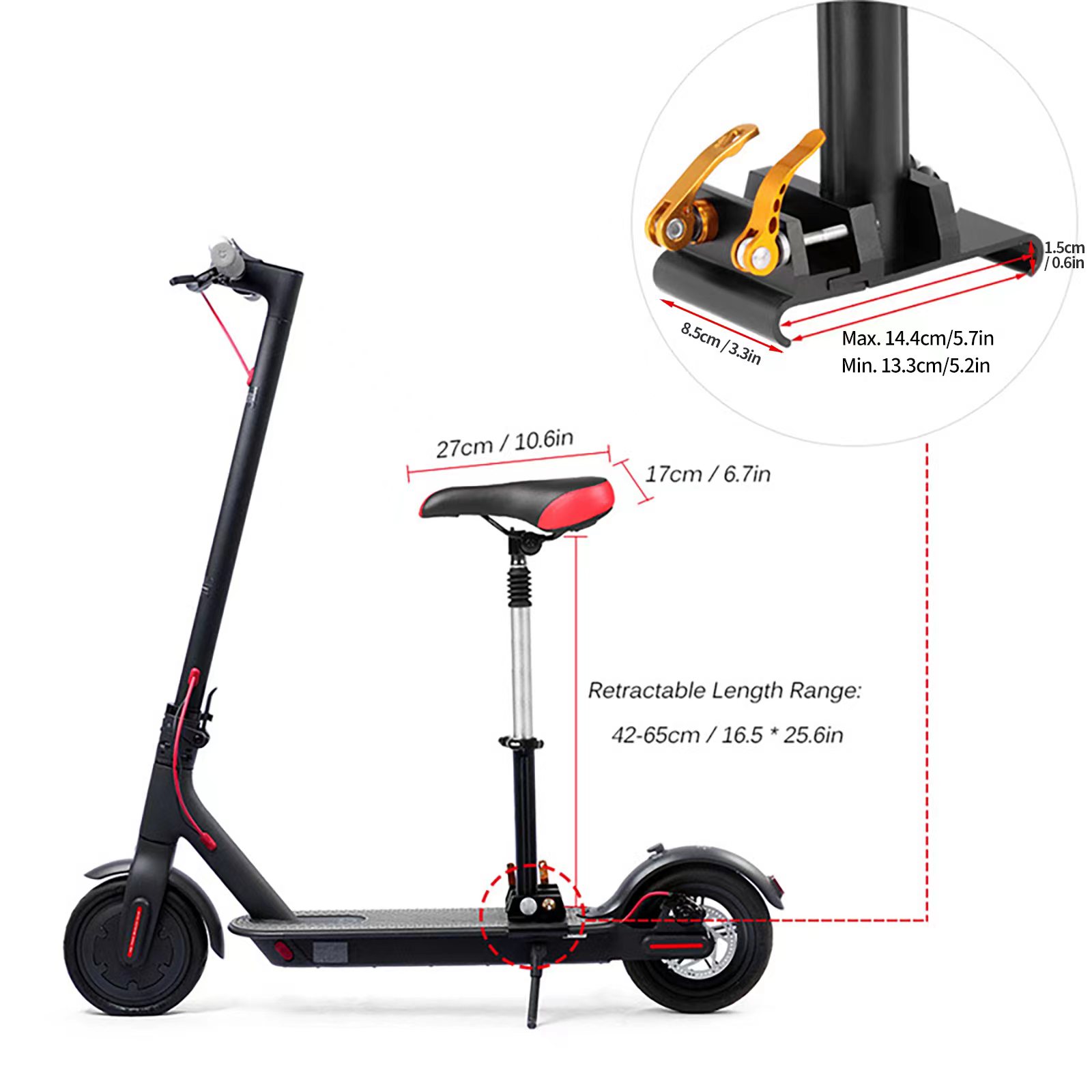 Siodełko do hulajnogi elektrycznej dla Xiaomi M365 Pro2 Ninebot ES1 Skóra + stop aluminium Czerwony + czarny Uniwersalne siodełko do hulajnogi Regulowane
