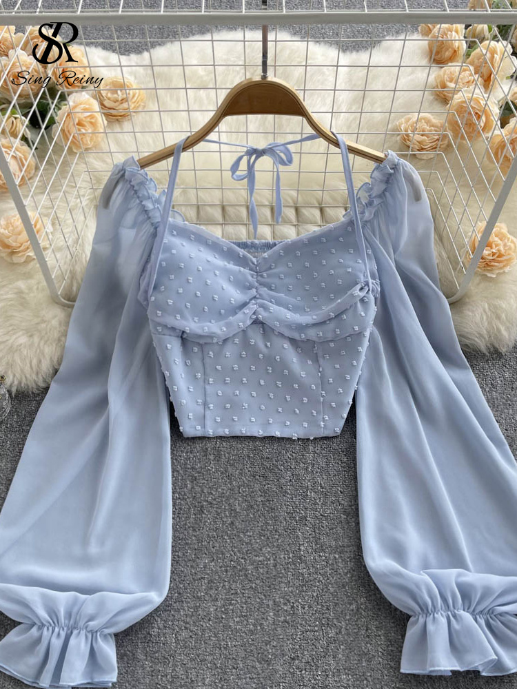 SINGREINY ポルカドットひだショートブラウス夏スラッシュネック長袖女性ネクタイホルター弾性ウエストファッションフレンチビーチトップ
