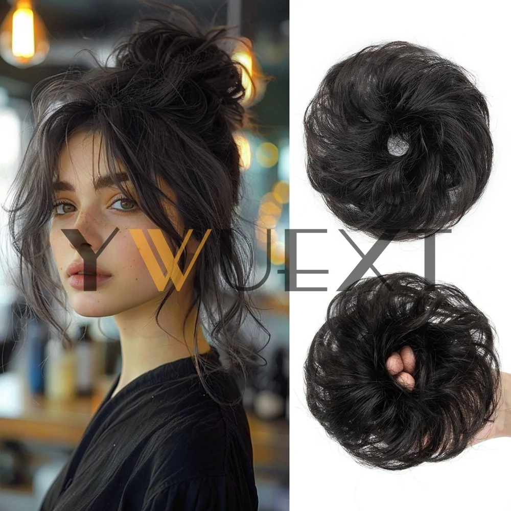 Curly Natural Human Hair Bun Chignon Updo Donut Real Hair Extensions Flexible Elastic Band Hair Piece 9 Colors Available
