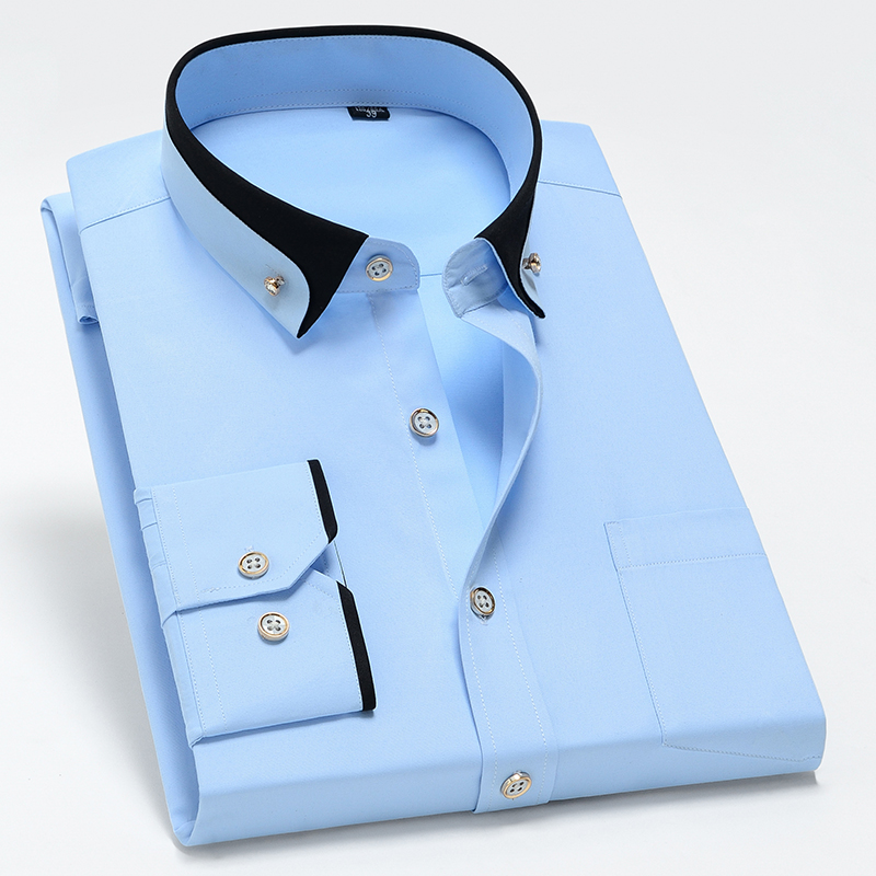 ขายร้อนผู้ชายธุรกิจเสื้อแขนยาว Contrast COLLAR Social Camisa เพชร Anti-Wrinkle ปุ่มลงสีดําสีฟ้า