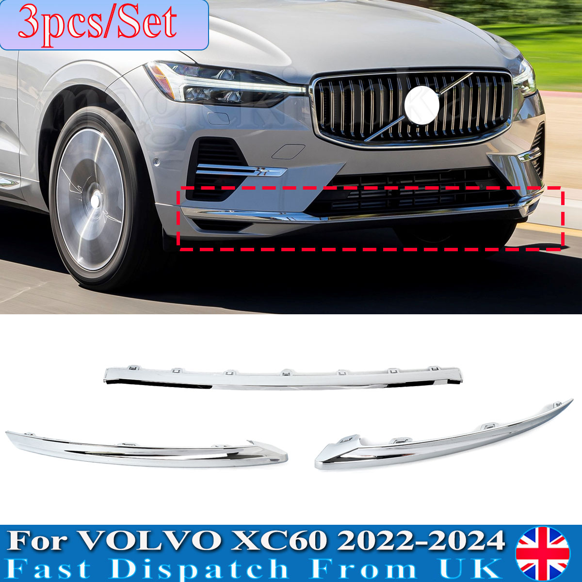 Para 2022 2023 2024 Volvo XC60 Chrome Frente Inferior Moldura Guarnição 32227904 32227905 32227906   Lábio do para-choque dianteiro