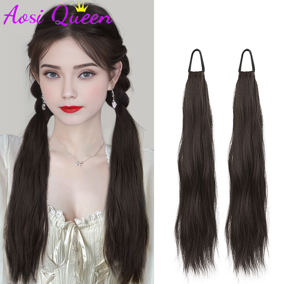 Aosi-合成ポニーテールウィッグ,伸縮性のあるバンドとダブルポニーテールウィッグを備えたヘアカーリー