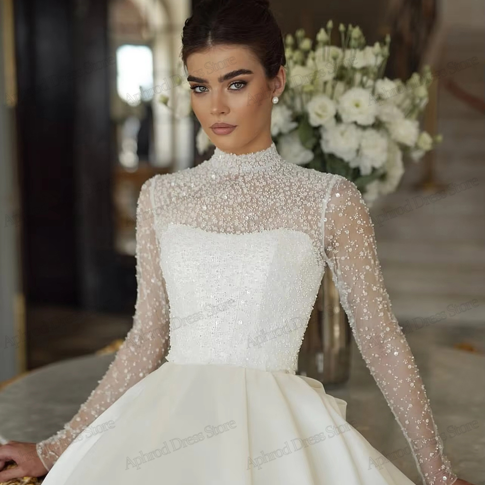 Vestidos De Novia glamorosos, preciosos Vestidos De Novia, apliques De cuentas, cuello alto, mangas completas, exquisitos Vestidos De Novia personalizados