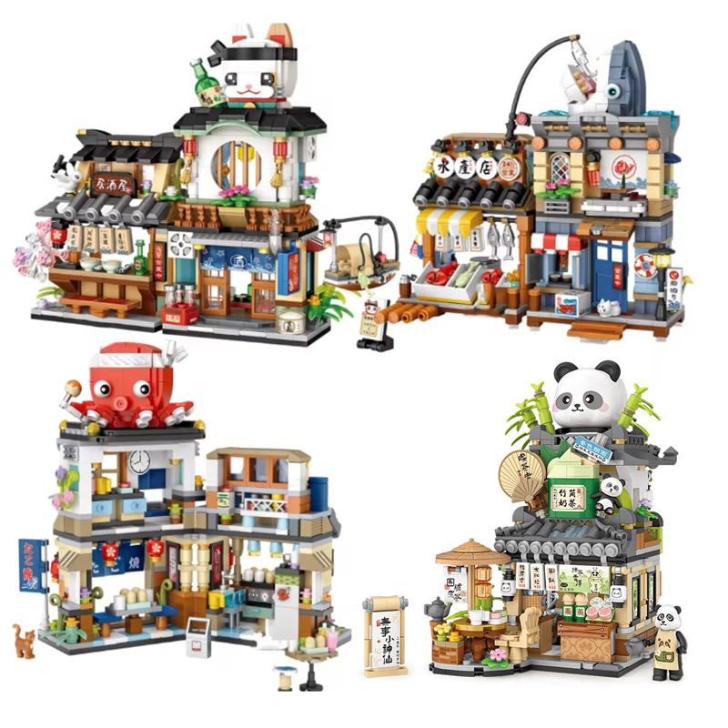 Loz Street View Series Building blocks Izakaya Shaved Ice Shop Takoyaki Shop Coffee shop Panda Tea House model children's gifts