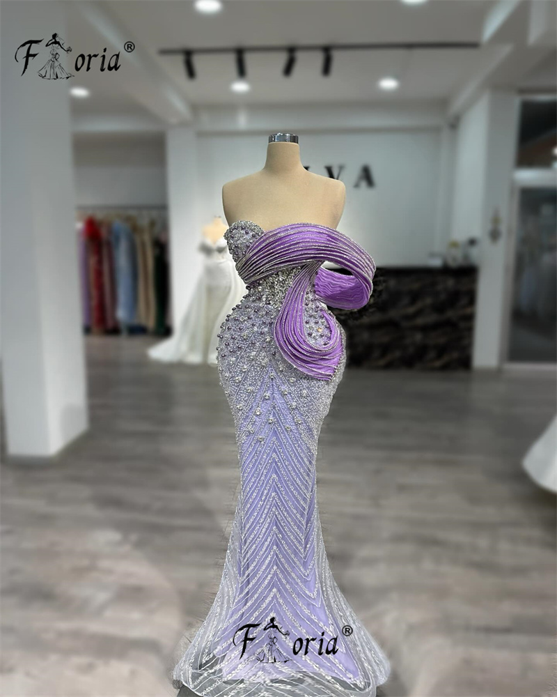 Vestidos de fiesta de perlas de cuentas de lujo 2025 vestido de fiesta de noche de sirena de lentejuelas púrpura claro personalizado vestidos de noche para invitados de boda