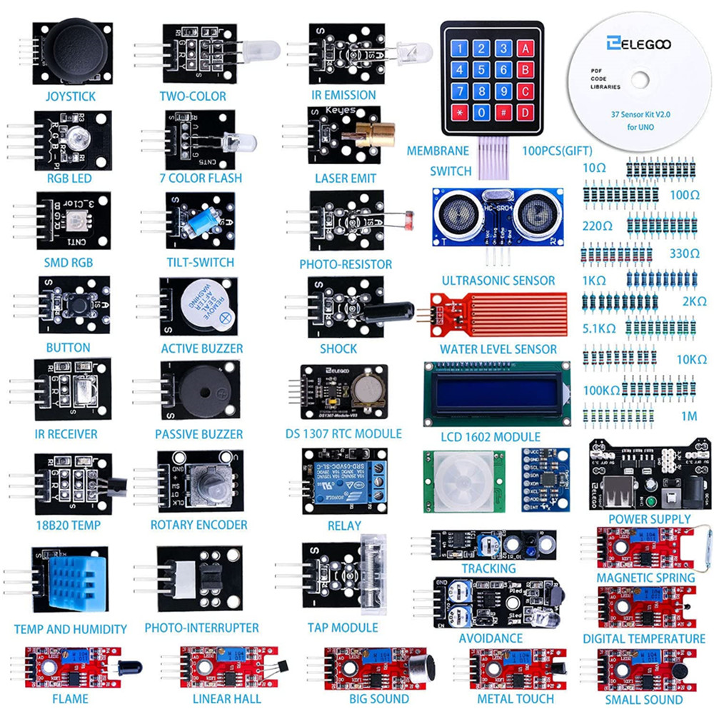Kit di Moduli Sensore ELEGOO Aggiornato 37-in-1 con Tutorial, Compatibile con Arduino ®   IDE — per UNO R3, MEGA, Nano DIY Electronic K