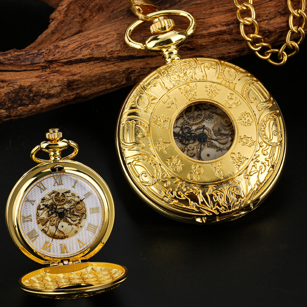Goldfarbene, geformte 12-Sternbilder-Zahnrad-Zifferblatt-Design, hohle Skelett-Radspule, Quarz-Taschenuhr, FOB-Ketten-Zahnraduhren