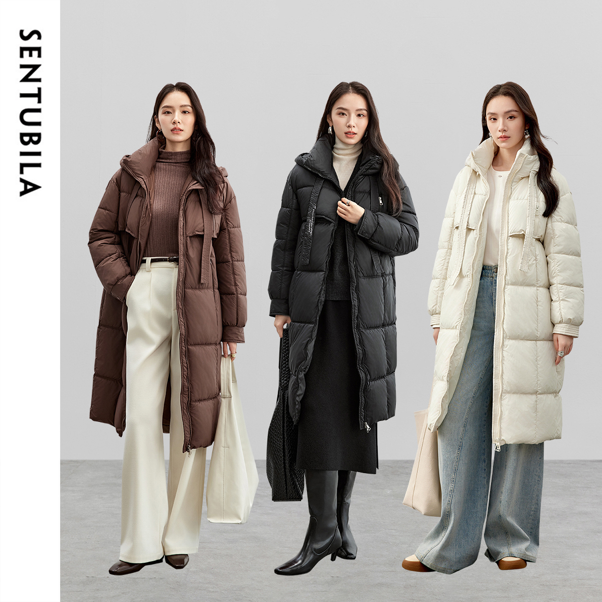 SENTUBILA Lange parka's voor dames 2025, wintervulling, oversized opstaande hals, capuchon, rits, warme bovenkleding, dameskleding W44M58169