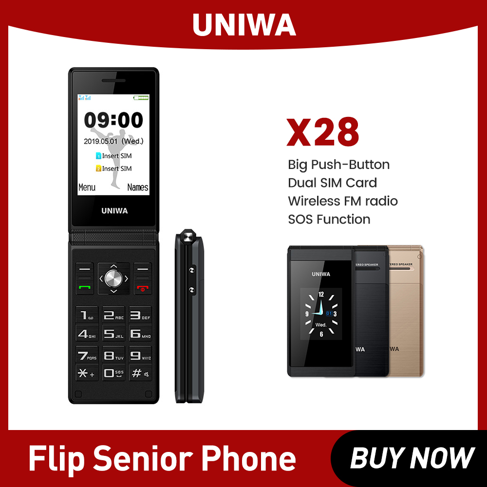 UNIWA X28 Lật Điện Thoại Di Động GSM Lớn Bấm Kẹp ĐTDĐ Điện Thoại Cao Cấp Dual Sim Đài FM Nga Tiếng Do Thái bàn Phím