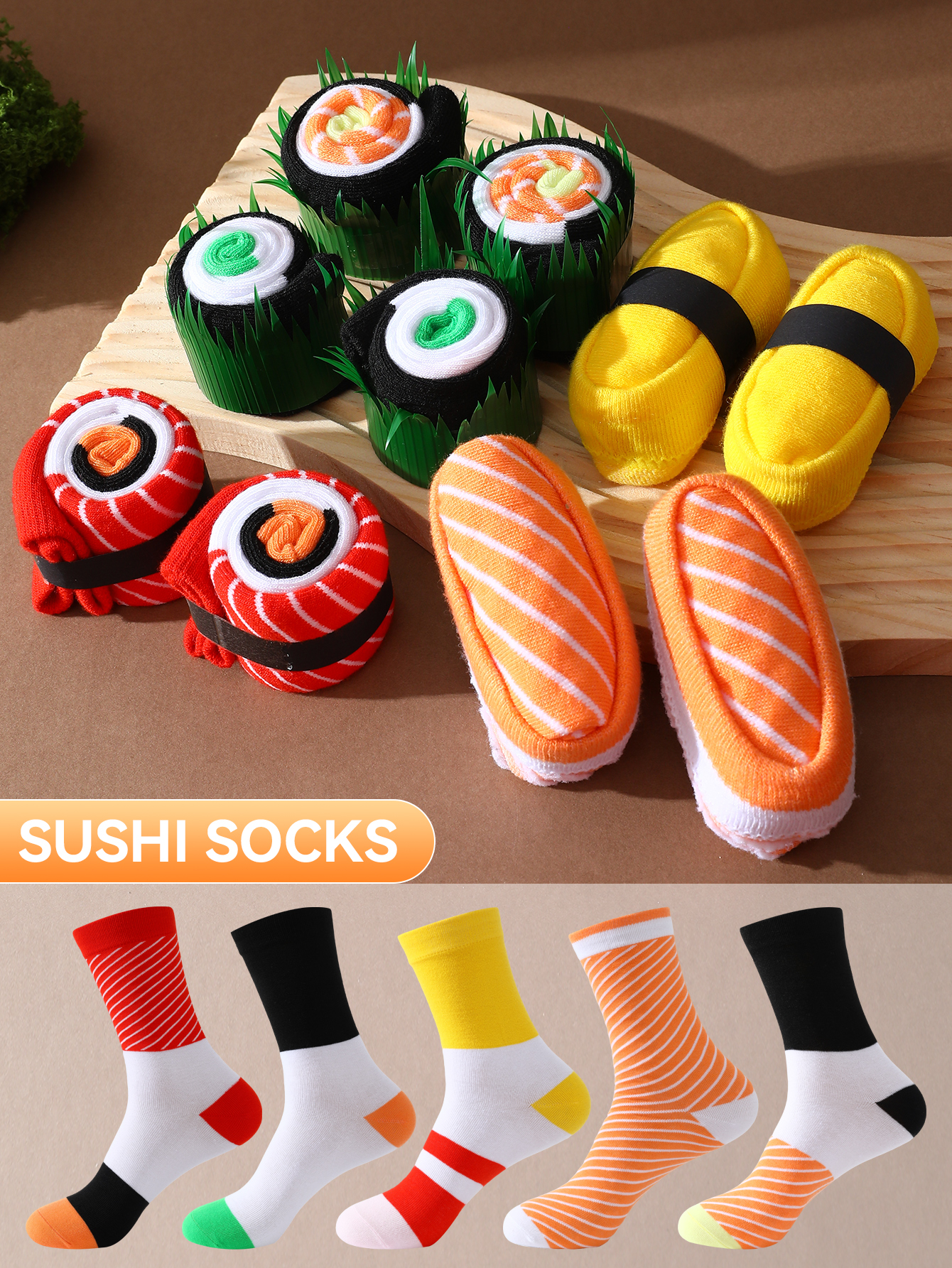 5 paires de motifs personnalisés de sushi à la mode, uniques et intéressants, chaussettes cadeaux pour hommes et femmes adaptées à toutes les saisons