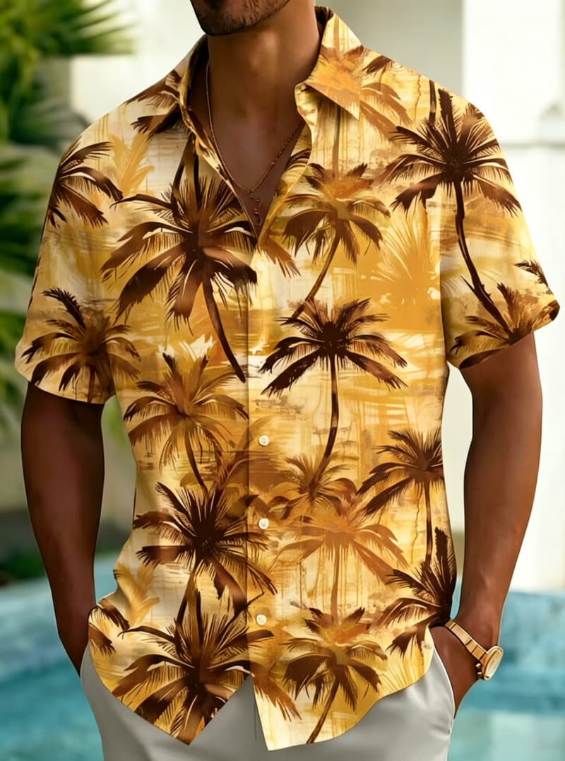 Herrenhemd mit Tropischer Pflanzen-Aquarell-Druck, Luxuriöses Casual-Design für Sommerurlaub, Strandmode & Alltagsstil