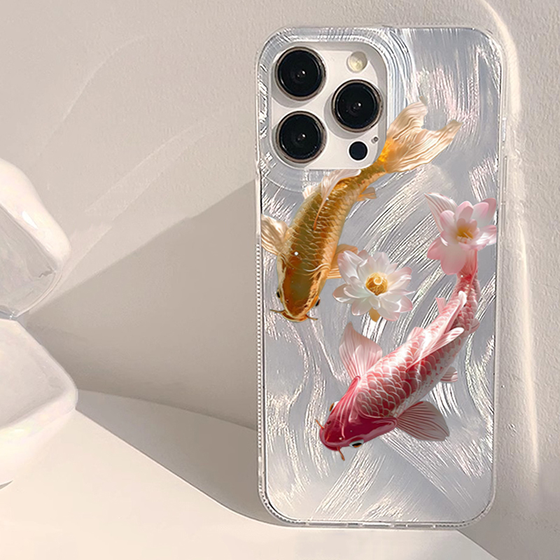 Custodia per telefono Koi con loto dorato colorato in filato di piume per iPhone 11 12 13 14 15 16 17 Air Pro Max XS XR X 7 8 Plus 16E SE 2 Cover