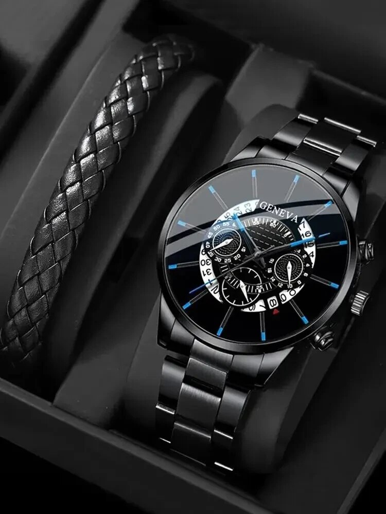2 peças calendário masculino de negócios da moda redondo relógio de banda de aço preto + conjunto de pulseira de couro PU tecido