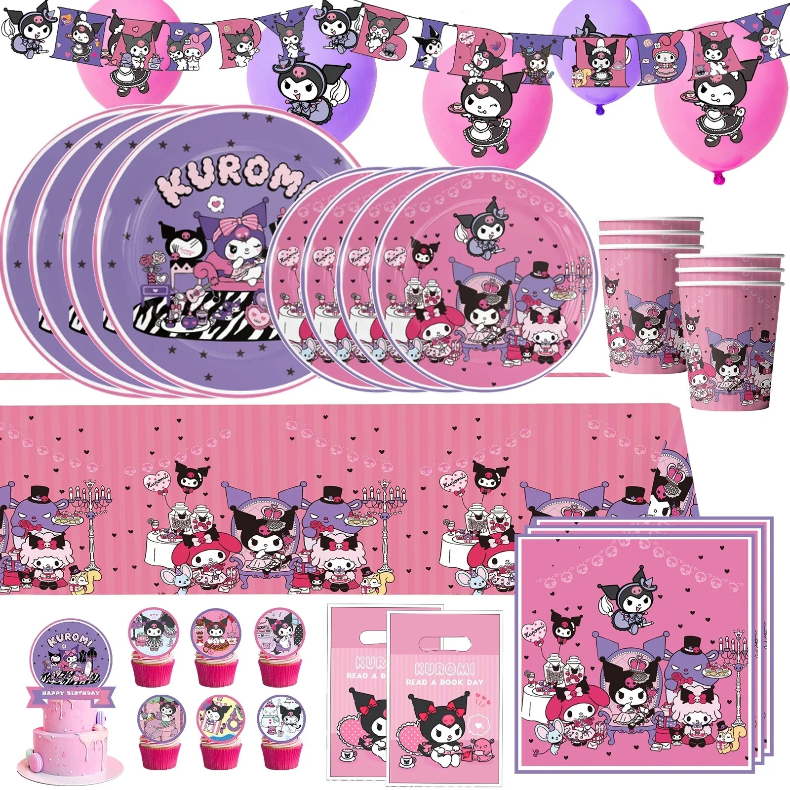 Kuromi украшение для дня рождения Cinnamoroll Mymelody воздушный шар одноразовая посуда тарелка салфетка фон для детей товары для вечеринок
