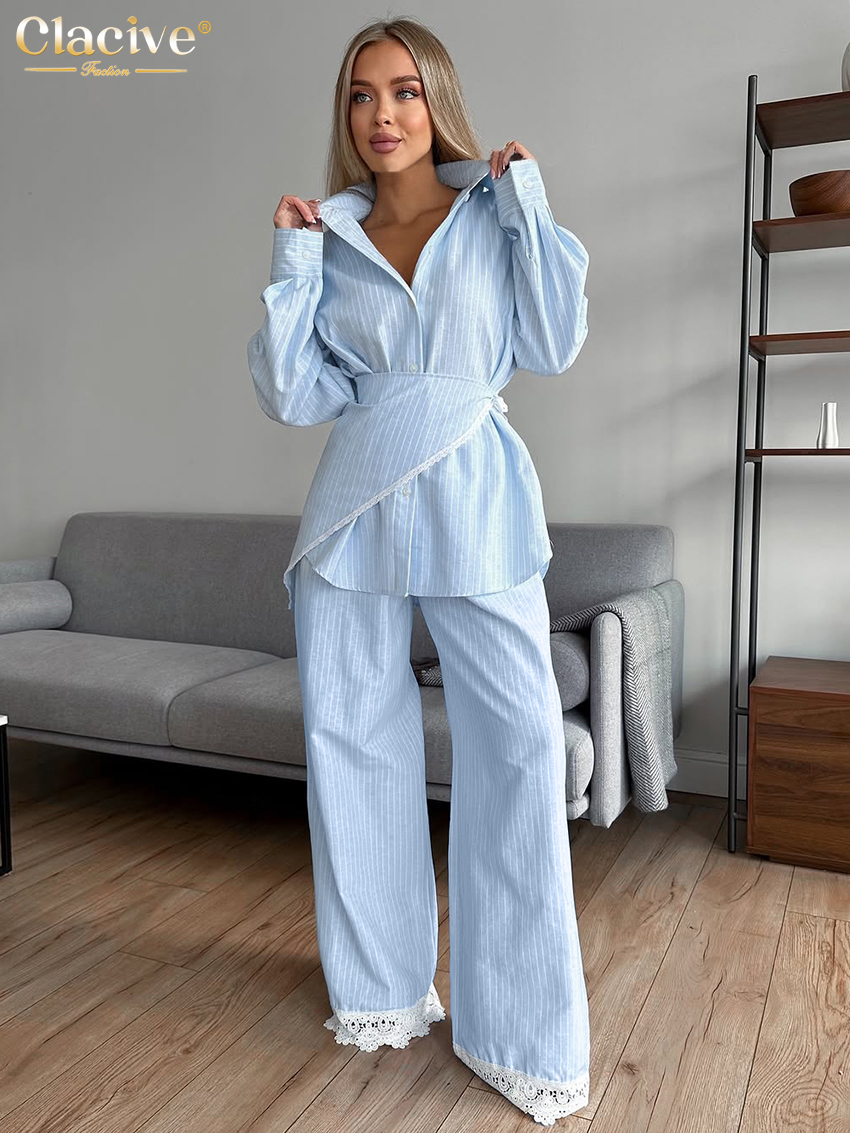 Clacive Fashion Longgar Garis Biru Wanita 3 Potong Set 2025 Kemeja Lengan Panjang Elegan + Korset dengan Set Celana Lebar Pinggang Tinggi