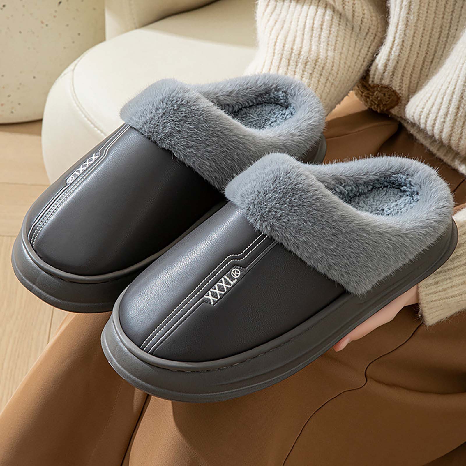 Men's slippers Home Winter Indoor Warm Shoes Thick Bottom Plush Waterproof Leather House slippers man Cotton shoes New