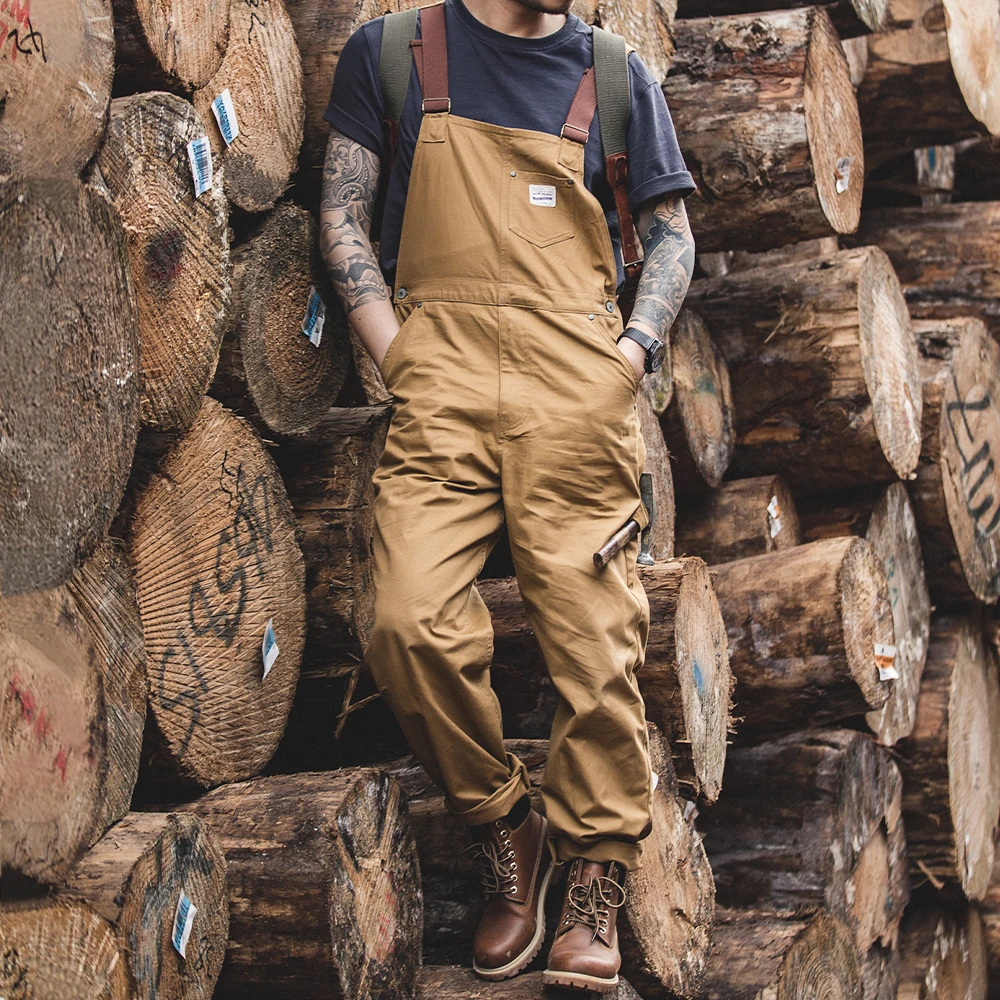 Męskie spodnie robocze w stylu vintage, kombinezon khaki, spodnie cargo, luźny krój, kontrastowe bawełniane ogrodniczki, proste spodnie na wiosnę i jesień.