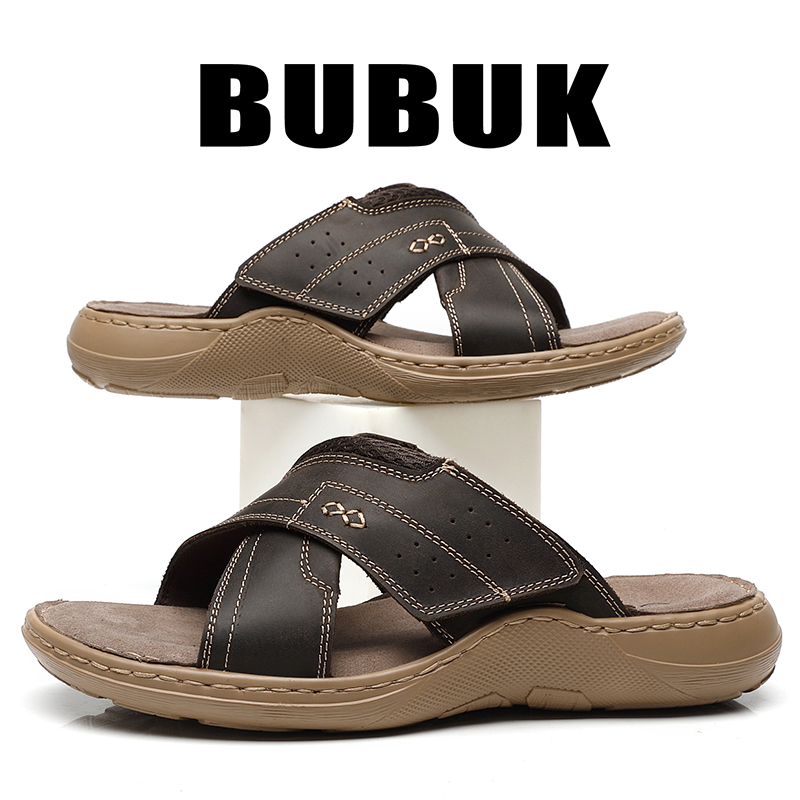 Bubuk Herenmode pantoffels met eerste laag runderleer, verstelbare klittenbandslippers, zachte zool antislip buitenslippers