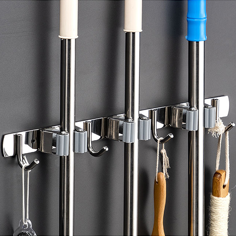Soporte organizador de fregona de montaje en pared, gancho para escoba, gancho de almacenamiento de acero inoxidable, accesorios de organización para cocina y baño
