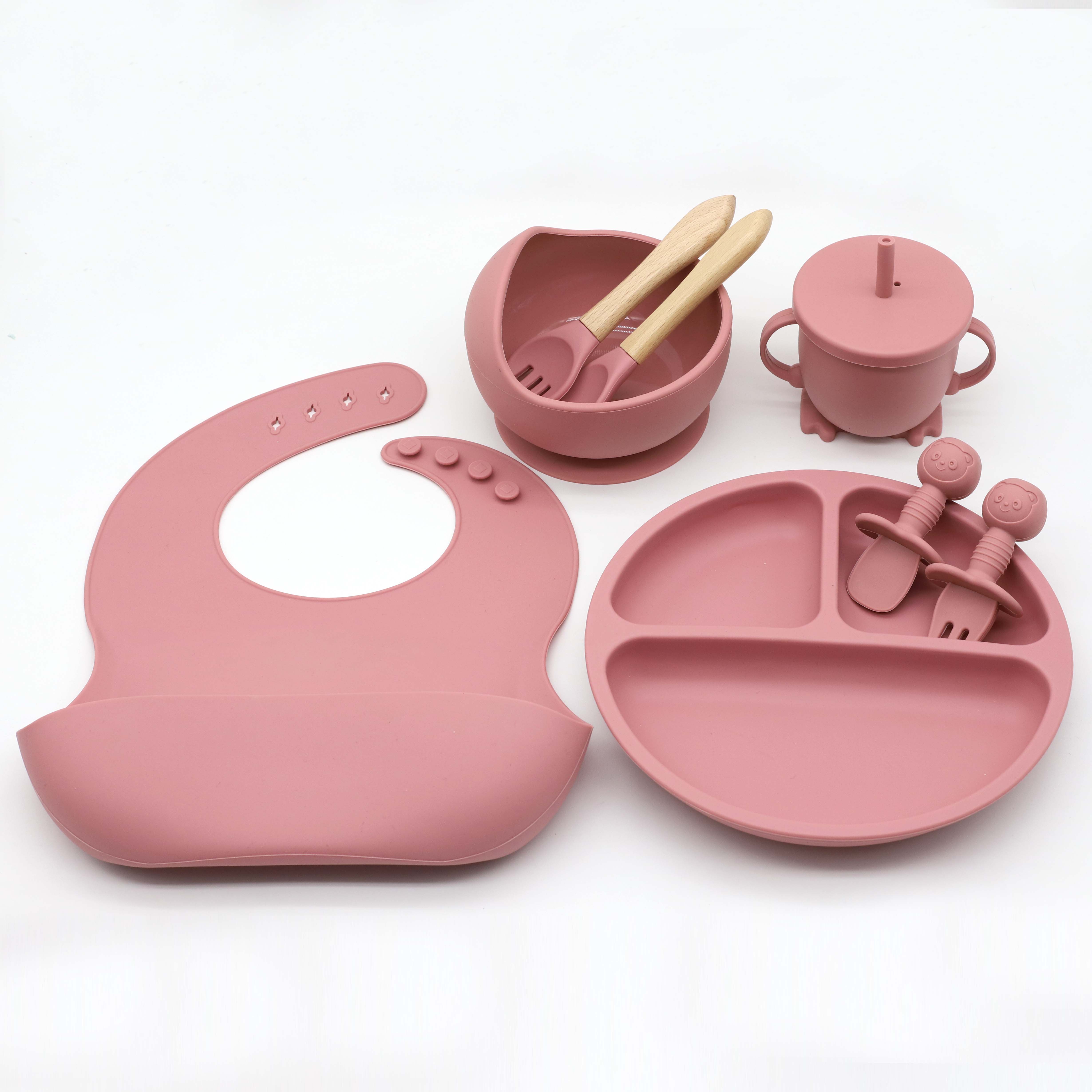 Juego de vajilla de silicona de calidad alimentaria, babero, plato de comedor, taza de paja de succión fuerte, cuchara corta de madera y tenedor de dibujos animados, 8 Uds.