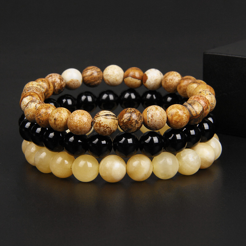 3 buah asli batu alam Set Gelang penyembuhan kuning gambar Jaspers 8mm manik-manik elastis gelang untuk wanita pria perhiasan