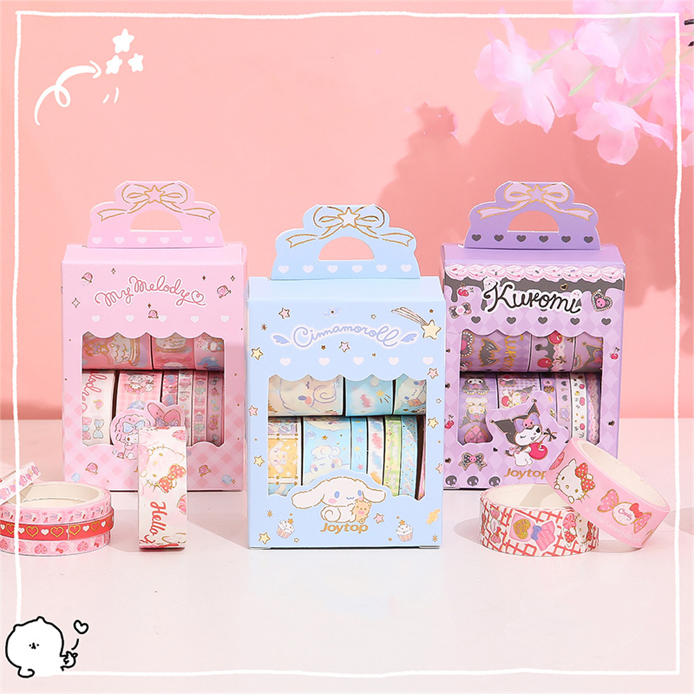 10 rolek/pudełko Sanrio Kuromi Cinnamoroll Melody taśma naklejka Cute Cartoon Hello Kitty podręcznik DIY naklejki do tłoczenia na gorąco dla dzieci zabawki