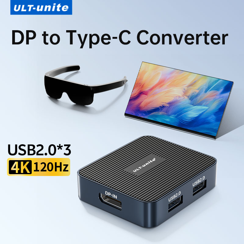 Konverter DisplayPort ke Type-C 4K120Hz dengan Port Ekspansi USB 2.0×3, Sumber Daya 5V1A, Tampilan Layar HD, Stasiun Docking DisplayPort ke USB-C 2K240Hz