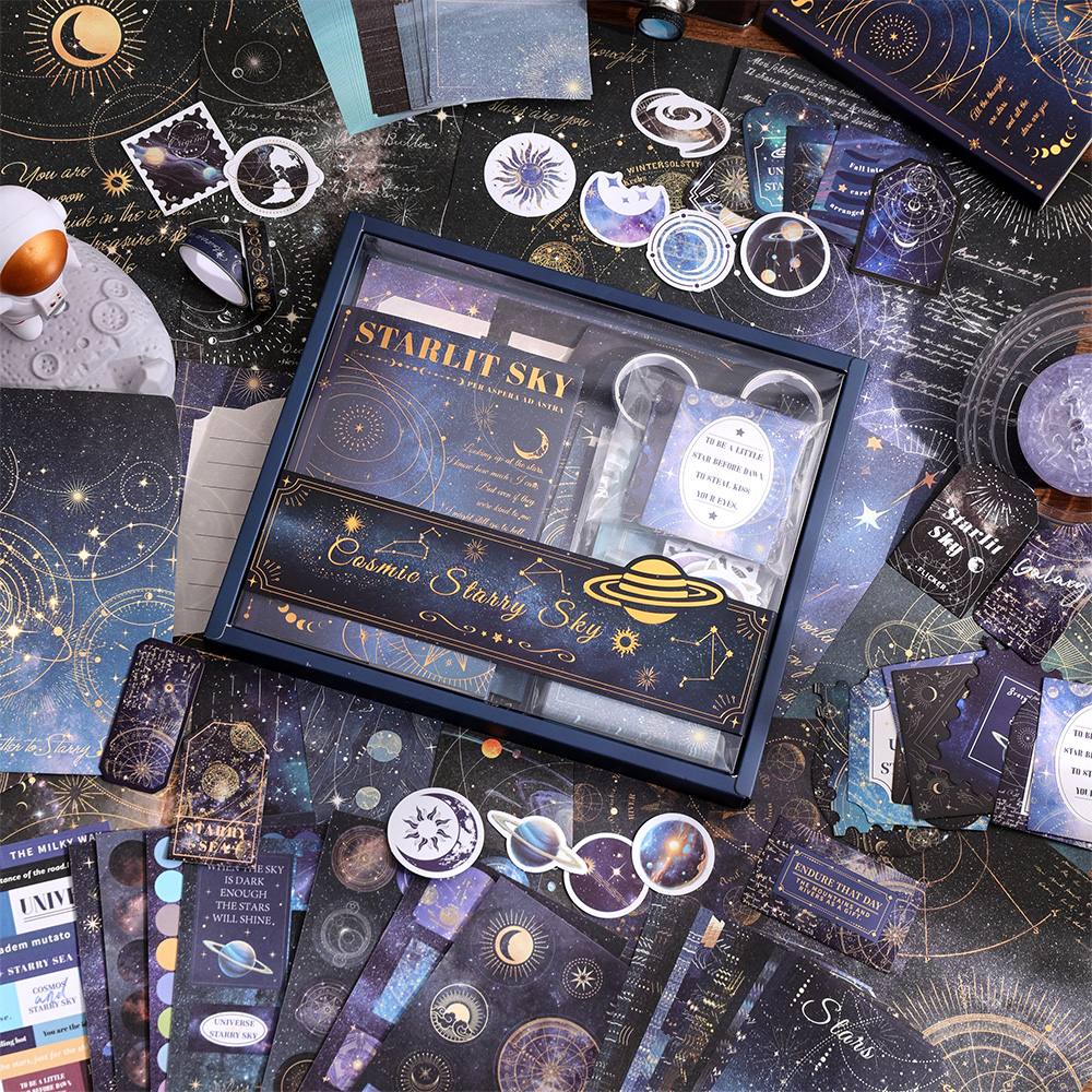 Kit de papel para álbum de recortes con cielo estrellado Vintage, suministros estéticos para diario basura con Scarpbook, pegatinas de papel, cintas decorativas, 201 Uds.