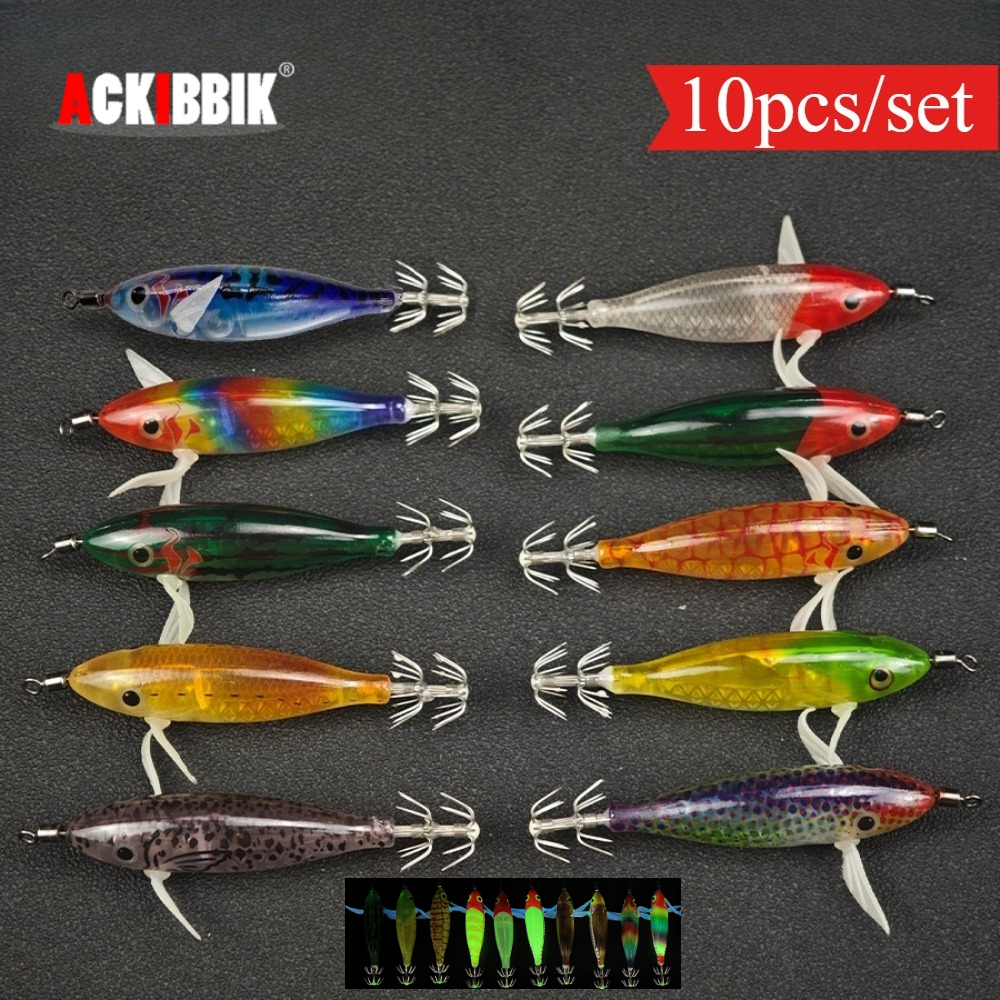 Ackibbik 10 unids/set 8 cm/ 5,7g Señuelos de Pesca de Camarones anzuelo luminoso accesorios de pesca de mar cebo Artificial señuelo de pulpo