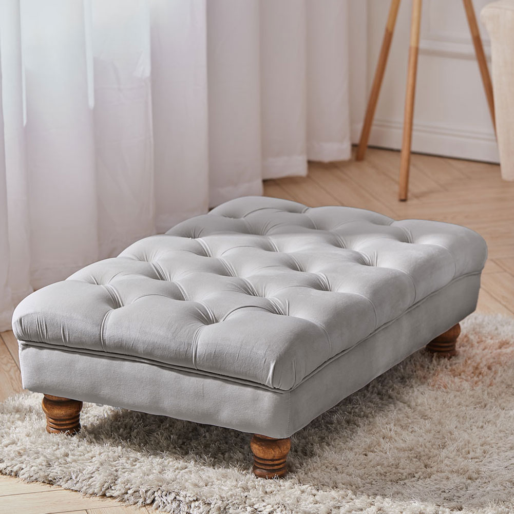Reposapiés otomano Rectangular de terciopelo abotonado multifuncional con patas en forma de calabaza