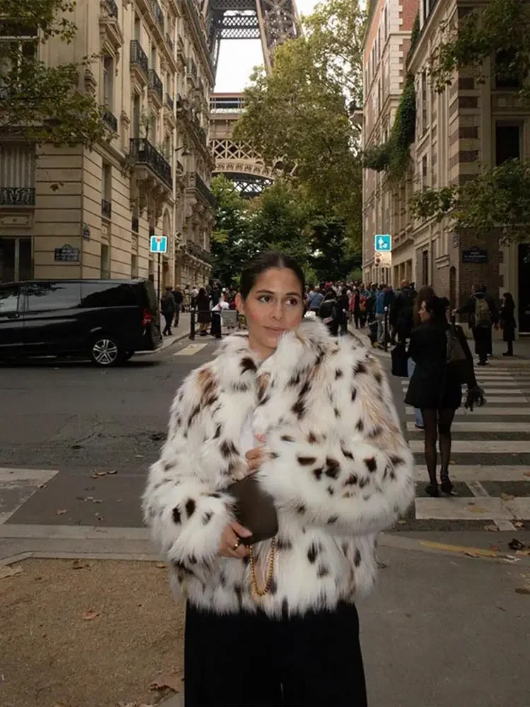 Abrigo de piel sintética con cuello levantado en contraste para mujer, chaqueta de felpa esponjosa de manga larga cálida para ir al trabajo, prendas de vestir exteriores de calle para mujer de otoño