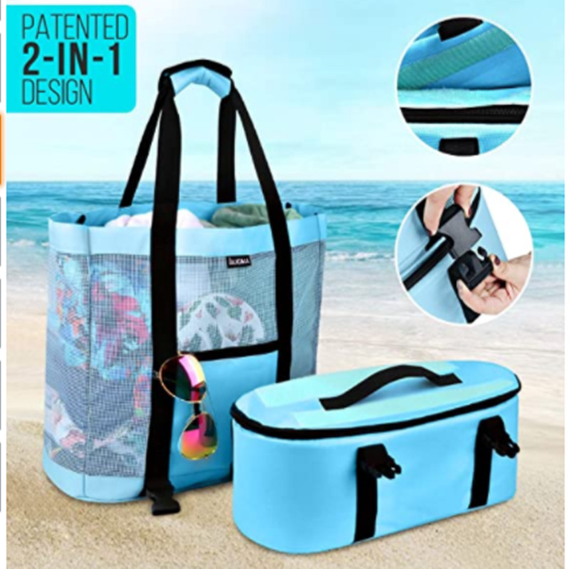 Bolsa transparente de malha feminina de alta capacidade, camada dupla, preservação de calor, grandes sacos de praia para piquenique