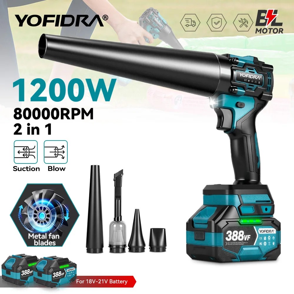 YOFIDRA Bezszczotkowy dmuchawa-turbina 2w1 i odkurzacz 80000RPM, ręczne narzędzie do odkurzania i dmuchania pyłu, kompatybilne z akumulatorami Makita 18V.