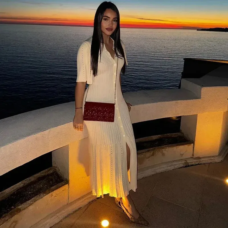 Gaun Midi Rajut Bergaris Wanita Kerah Tegak Lengan Pendek Kancing Depan Model Bodycon Mermaid Elegan untuk Pesta Musim Panas dan Santai