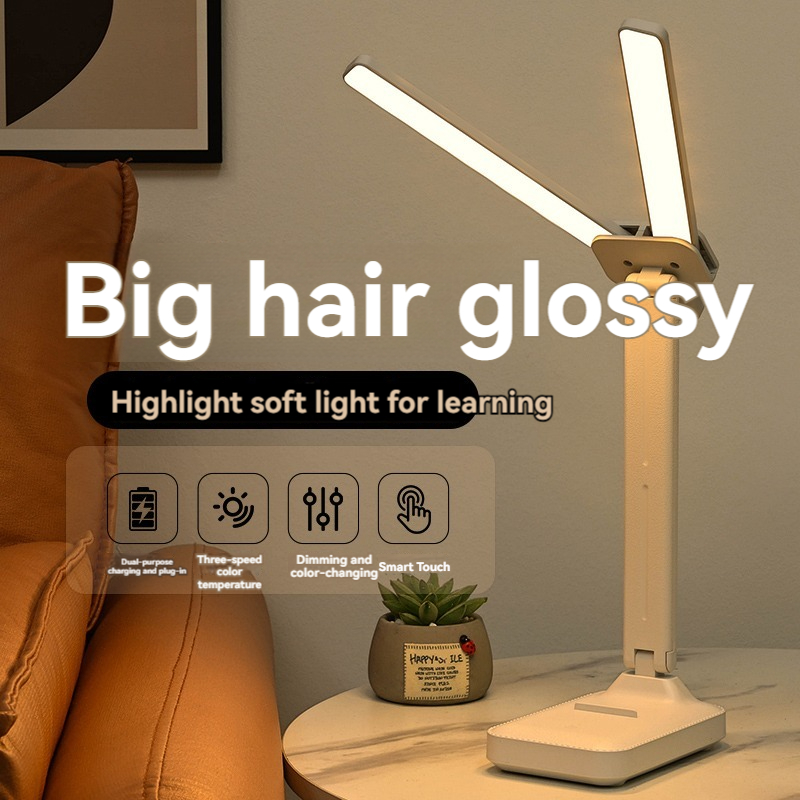 Lámpara de mesa de doble cabezal, luz nocturna LED de doble propósito con atenuación, plegable, recargable y enchufable, estudio de dormitorio universitario y
